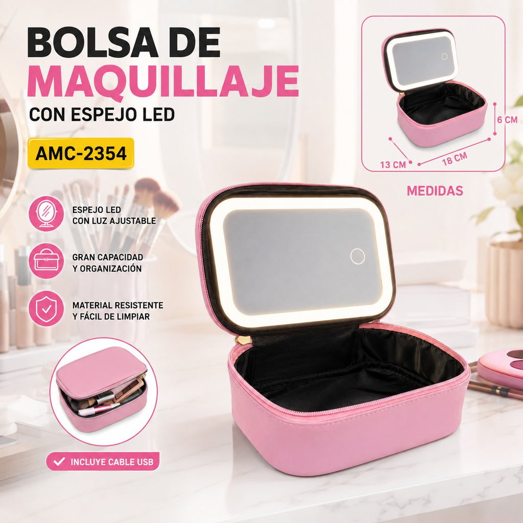Estuche Organizador De Maquillaje Con Espejo Led Integrado